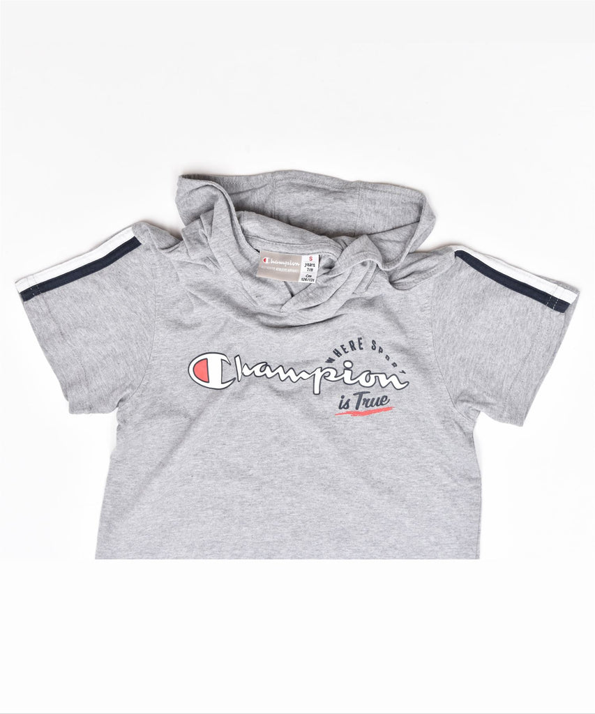 CHAMPION Boys Hooded Graphic Top 7-8 Years Small Grey | Vintage | Thrift | Second-Hand | Used Clothing | Messina Hembry 