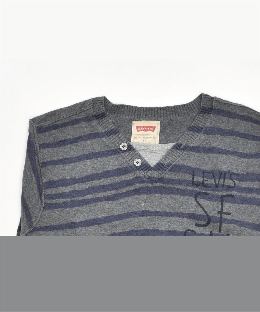 LEVI'S Boys Graphic V-Neck Jumper Sweater 13-14 Years Grey Striped Cotton | Vintage | Thrift | Second-Hand | Used Clothing | Messina Hembry 