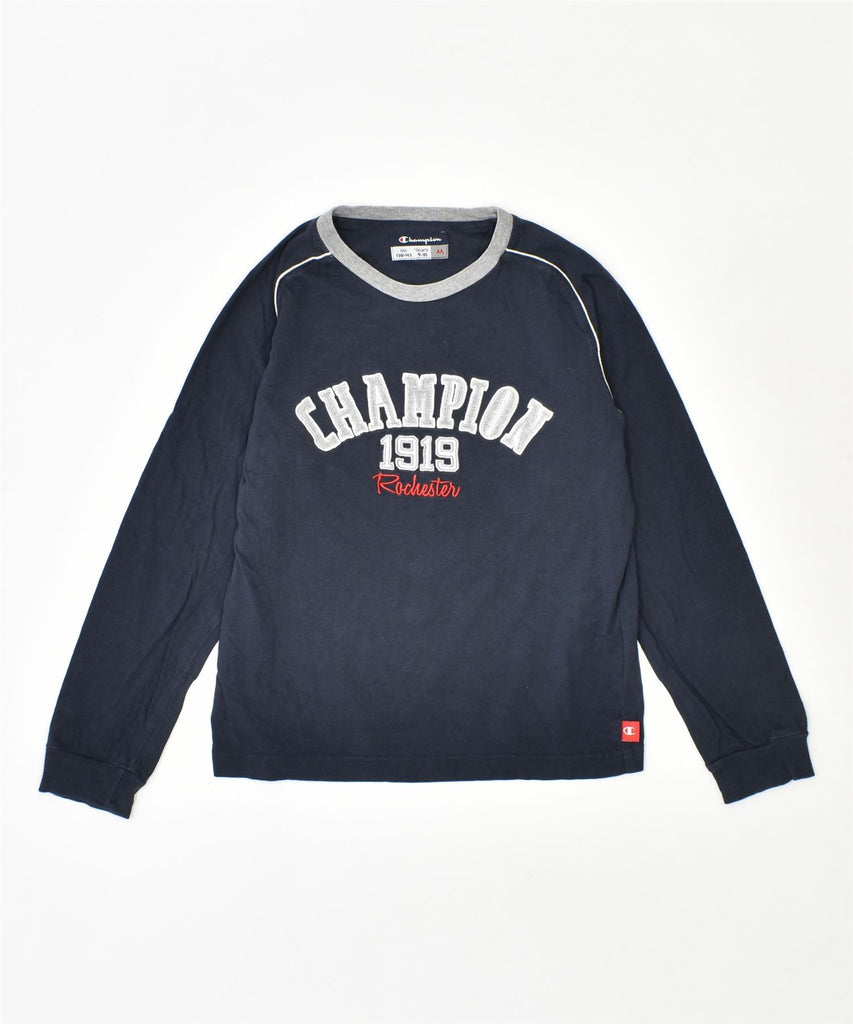 CHAMPION Boys Graphic Top Long Sleeve 9-10 Years Medium Navy Blue Cotton | Vintage | Thrift | Second-Hand | Used Clothing | Messina Hembry 