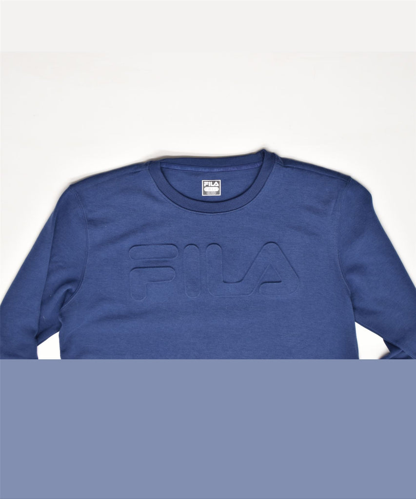 FILA Womens Graphic Crew Neck Jumper Sweater UK 12 Medium Navy Blue Cotton | Vintage | Thrift | Second-Hand | Used Clothing | Messina Hembry 