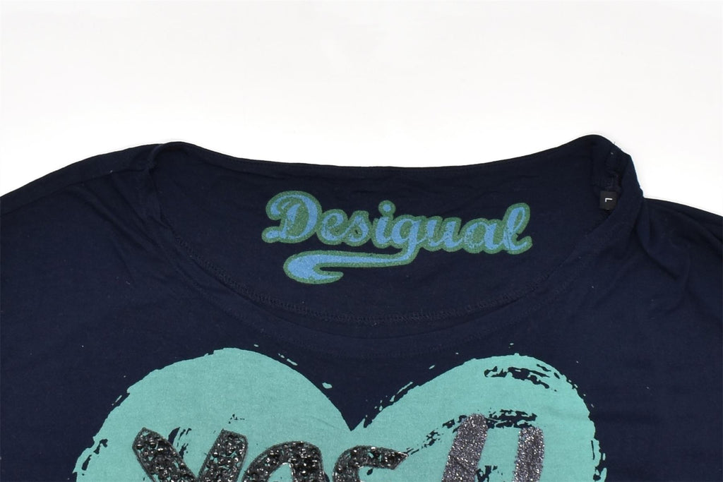 DESIGUAL Womens Graphic T-Shirt Top UK 16 Large Navy Blue | Vintage | Thrift | Second-Hand | Used Clothing | Messina Hembry 