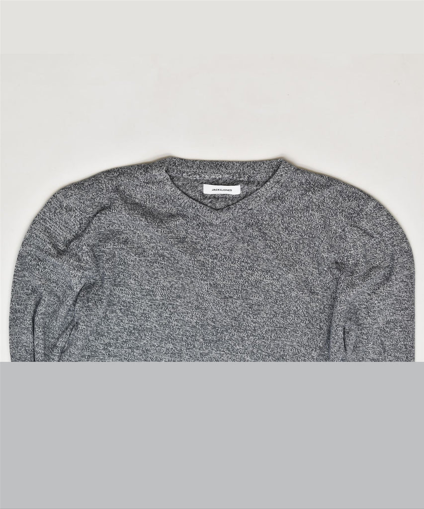 JACK & JONES Mens V-Neck Jumper Sweater Large Grey Cotton | Vintage | Thrift | Second-Hand | Used Clothing | Messina Hembry 