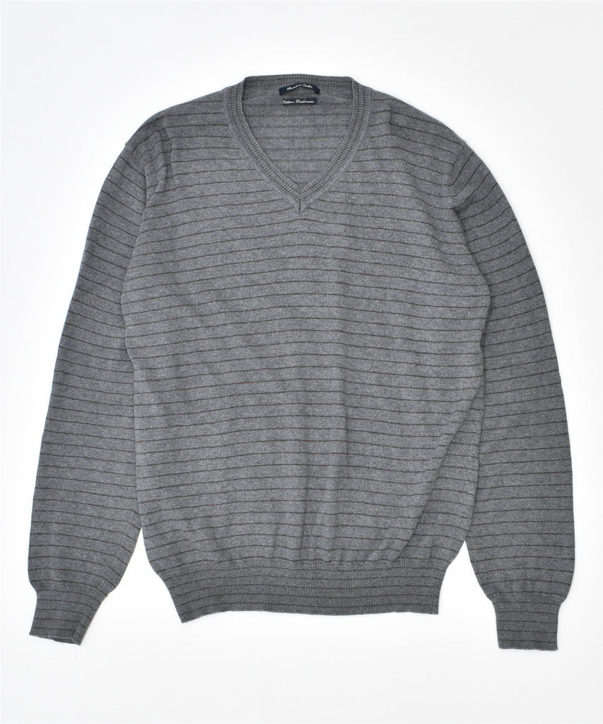 MASSIMO DUTTI Mens V-Neck Jumper Sweater Medium Grey Striped Cotton | Vintage | Thrift | Second-Hand | Used Clothing | Messina Hembry 