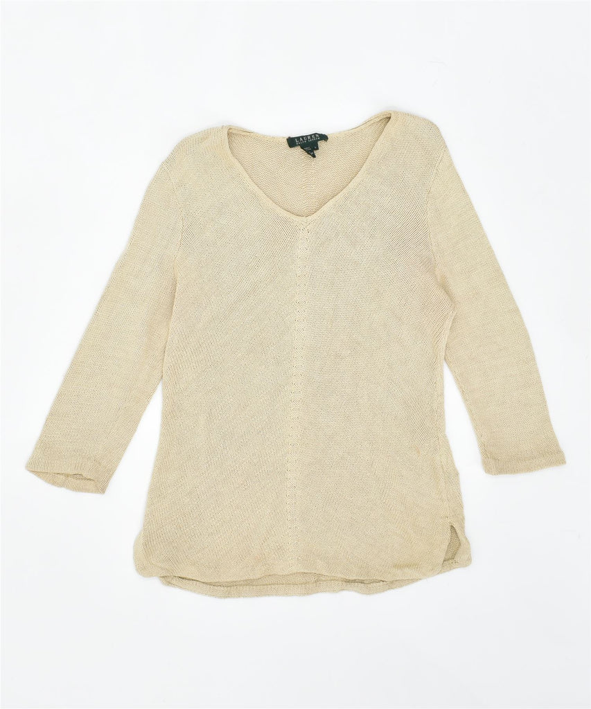 RALPH LAUREN Womens 3/4 Sleeve V-Neck Jumper Sweater UK 14 Large Beige | Vintage | Thrift | Second-Hand | Used Clothing | Messina Hembry 