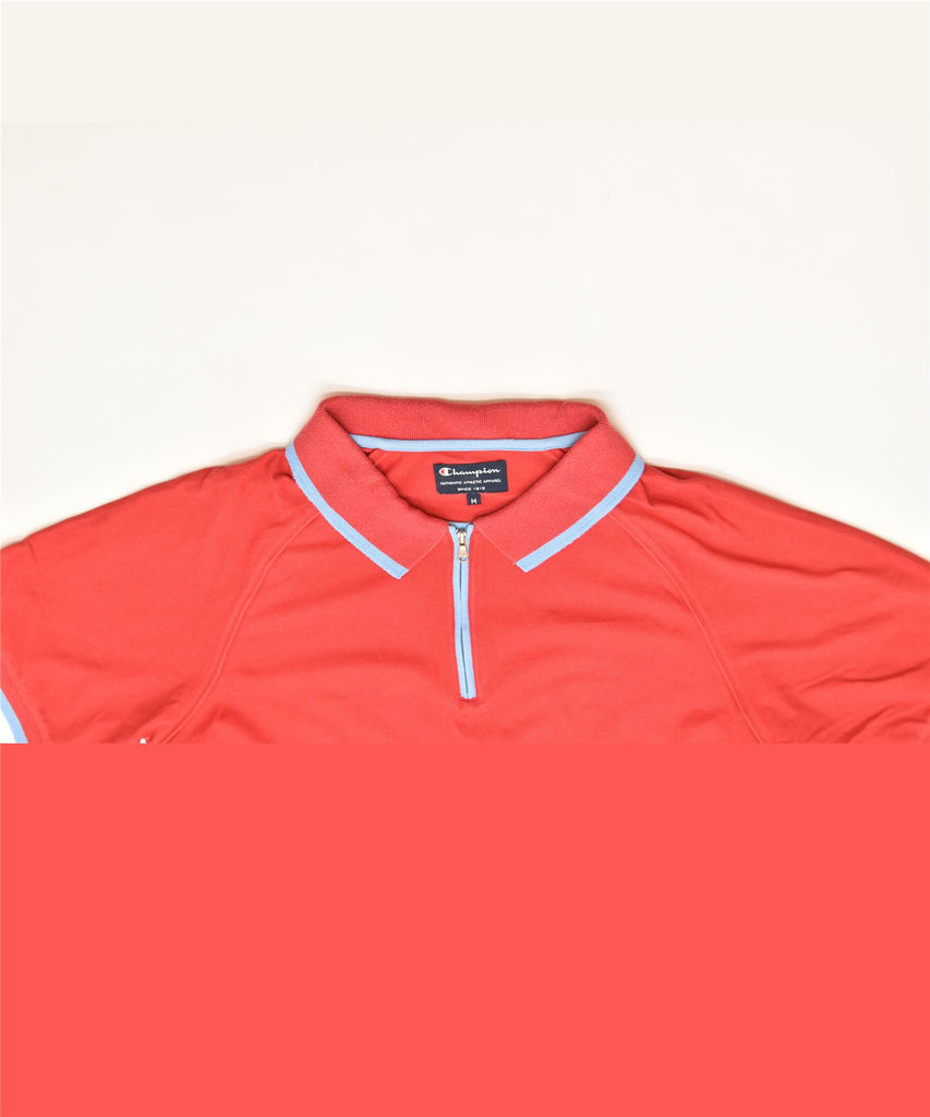 CHAMPION Mens Zip Neck Polo Shirt Medium Red Cotton Classic | Vintage | Thrift | Second-Hand | Used Clothing | Messina Hembry 