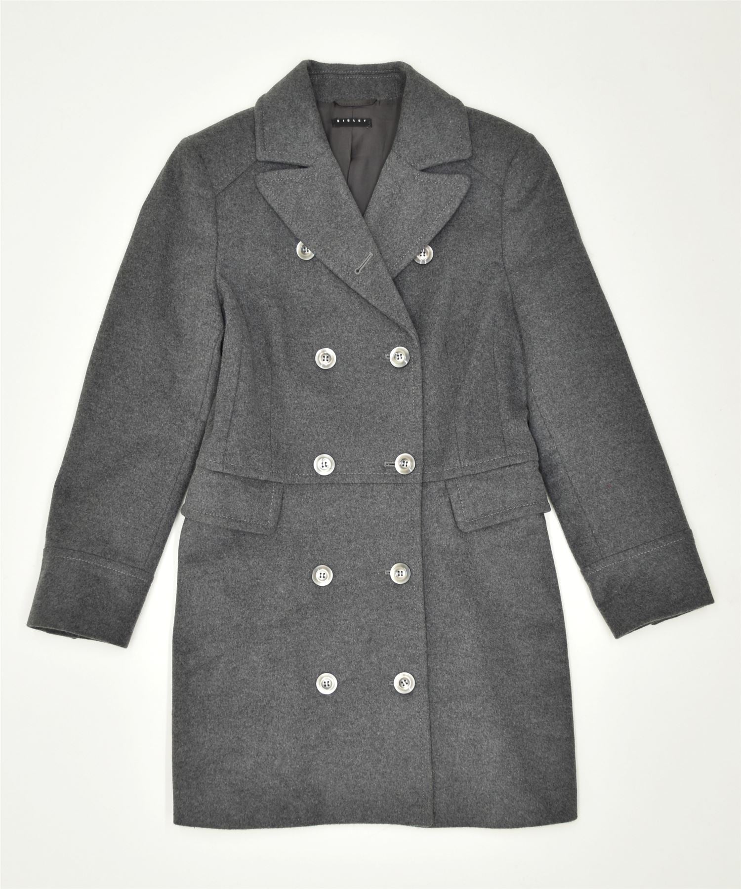 SISLEY Womens Double Breasted Overcoat IT 48 XL Grey Wool Vintage