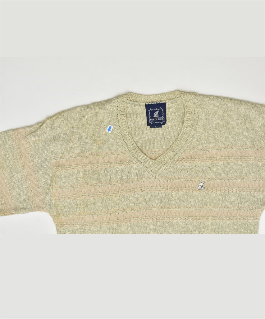 NORTH POLE Mens V-Neck Jumper Sweater Medium Beige Striped Cotton Vintage | Vintage | Thrift | Second-Hand | Used Clothing | Messina Hembry 