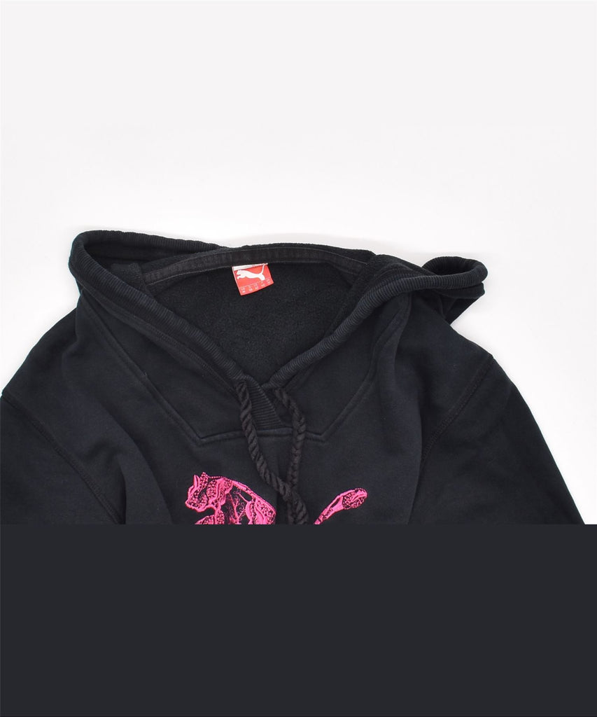 PUMA Womens Graphic Hoodie Jumper UK 12 Medium Black Cotton | Vintage | Thrift | Second-Hand | Used Clothing | Messina Hembry 