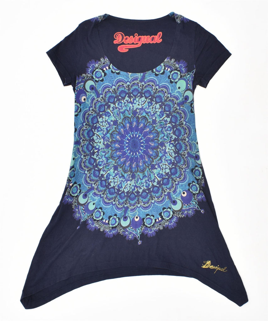 DESIGUAL Womens Tunic Top UK 8 Small Navy Blue Geometric Cotton Mandala | Vintage | Thrift | Second-Hand | Used Clothing | Messina Hembry 