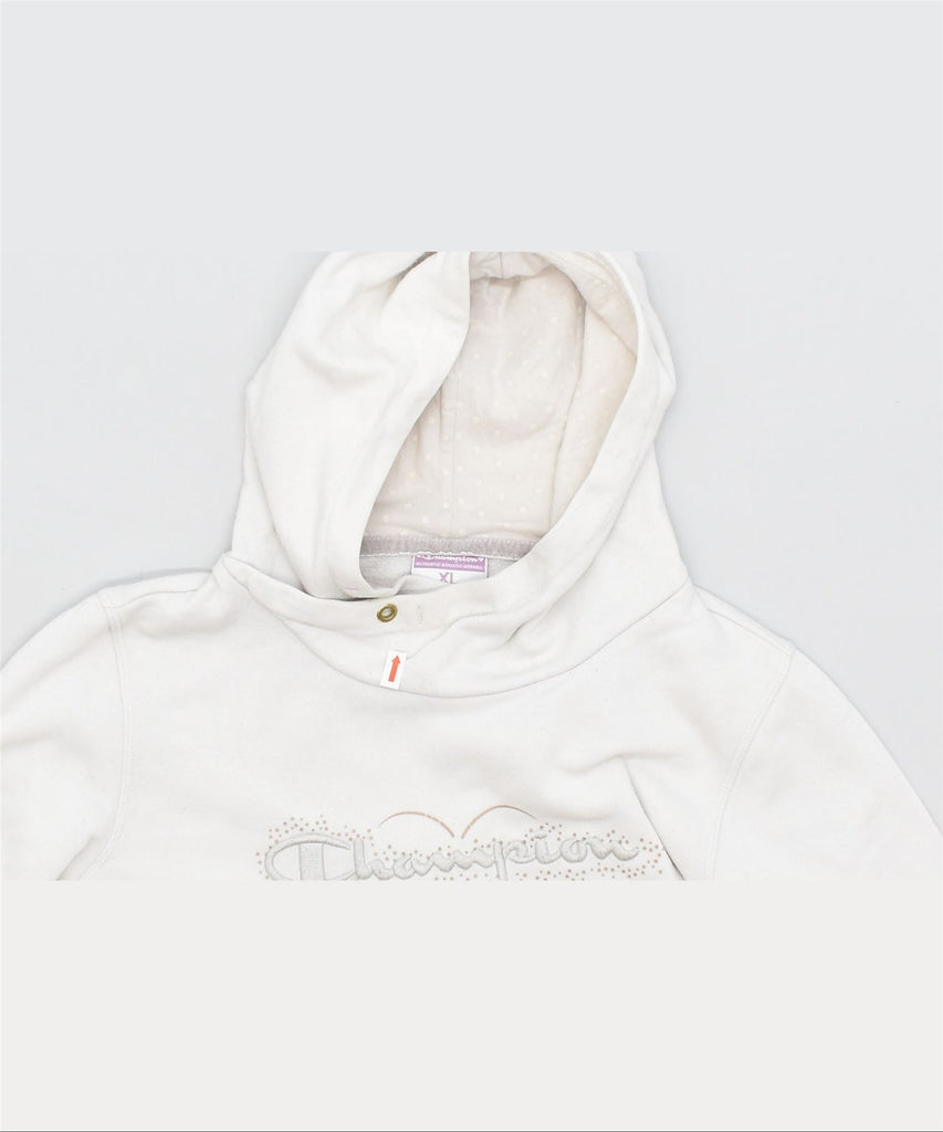 CHAMPION Girls Graphic Hoodie Jumper 13-14 Years XL Off White Cotton | Vintage | Thrift | Second-Hand | Used Clothing | Messina Hembry 