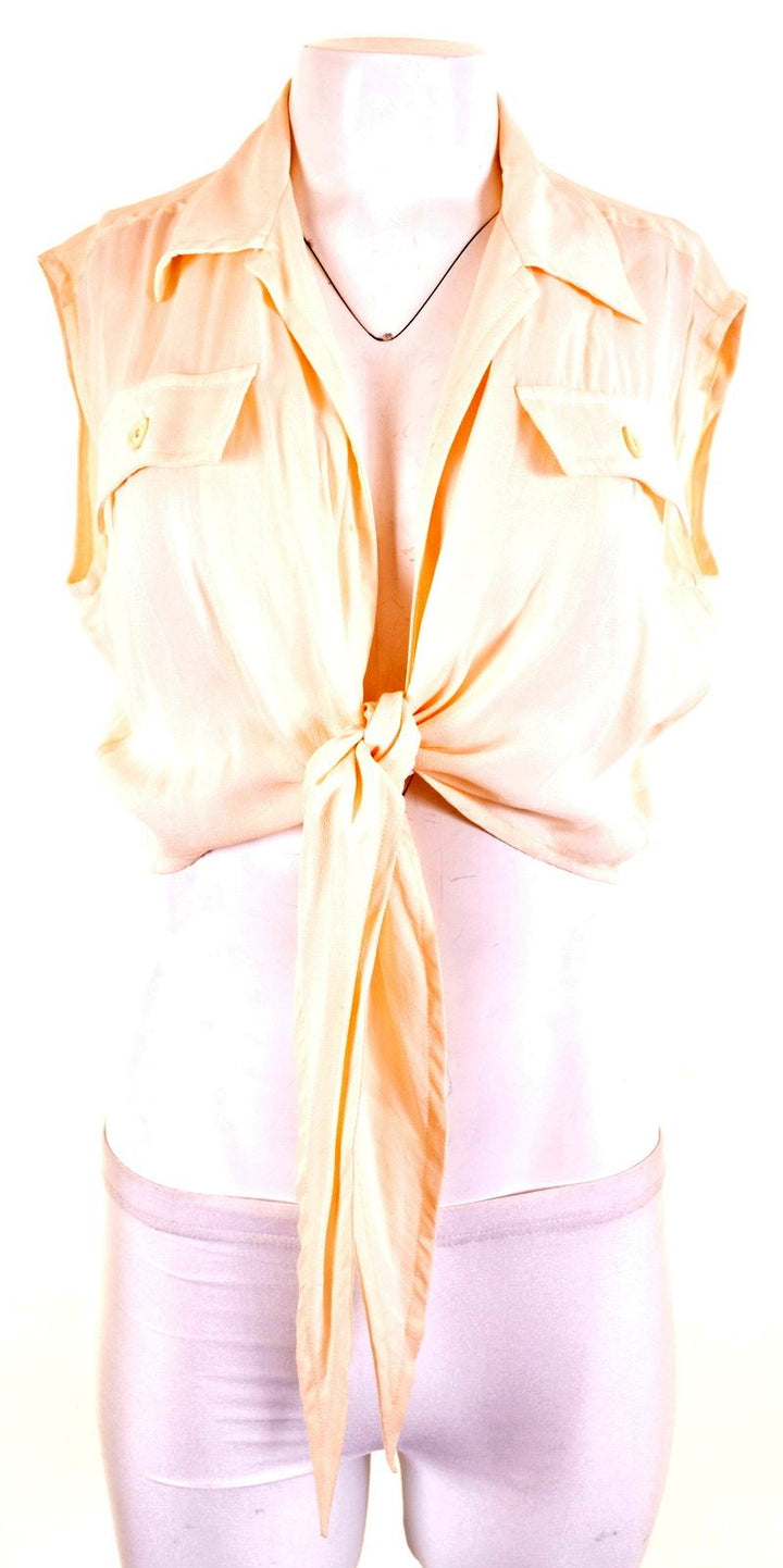 SPORTSTAFF Womens Crop Shirt Sleeveless Size 10 Small Beige Viscose - Second Hand & Vintage Designer Clothing - Messina Hembry