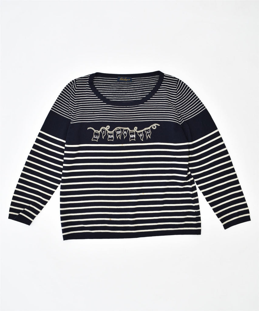 LUISA SPAGNOLI Womens Boat Neck Jumper Sweater UK 18 XL Navy Blue Striped | Vintage | Thrift | Second-Hand | Used Clothing | Messina Hembry 