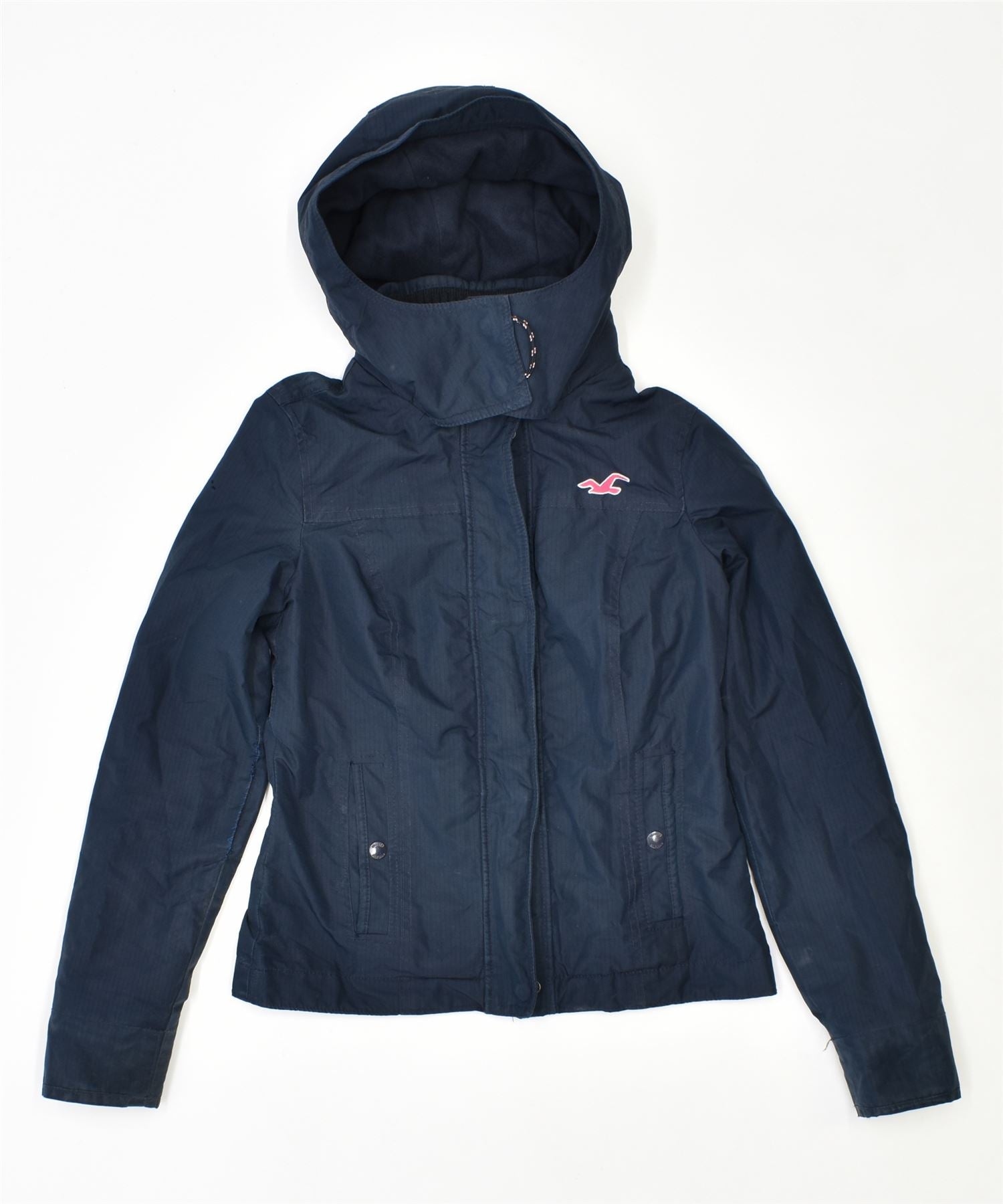 HOLLISTER Womens Hooded Windbreaker Jacket UK 6 XS Navy Blue Polyester, Vintage & Second-Hand Clothing Online