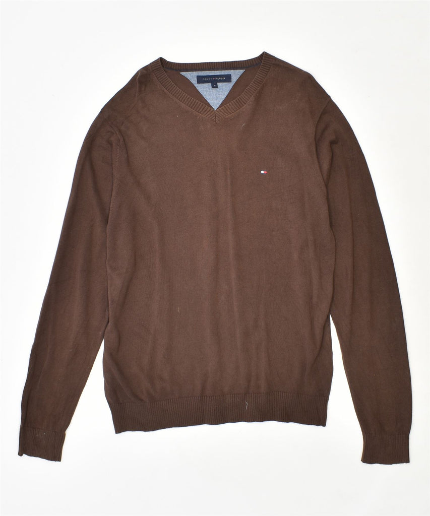 TOMMY HILFIGER Mens V-Neck Jumper Sweater Medium Brown Cotton | Vintage | Thrift | Second-Hand | Used Clothing | Messina Hembry 