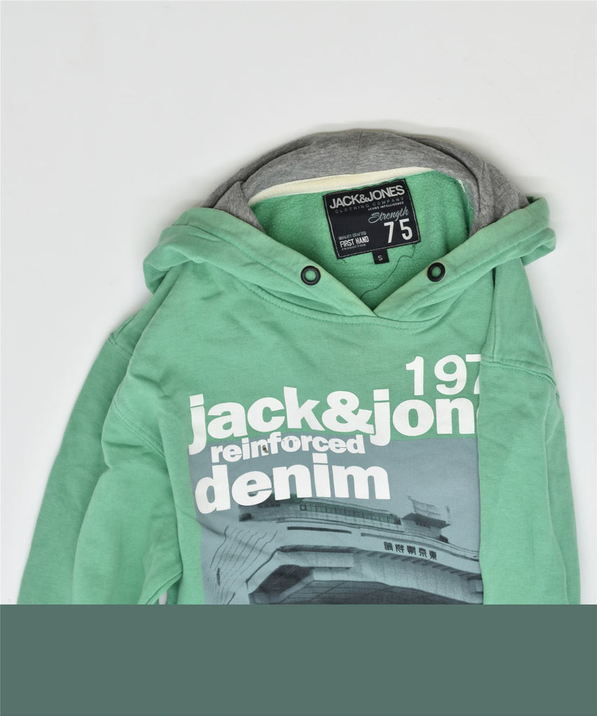 JACK & JONES Mens Graphic Hoodie Jumper Small Green Cotton | Vintage | Thrift | Second-Hand | Used Clothing | Messina Hembry 