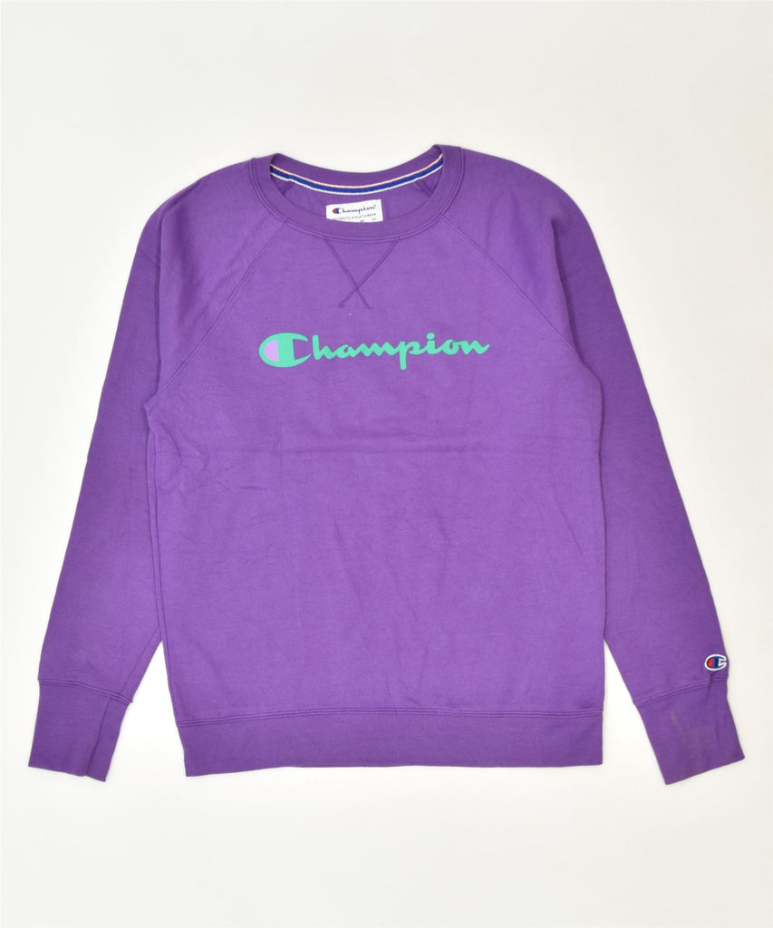 CHAMPION Womens Graphic Sweatshirt Jumper UK 14 Medium Purple Polyester | Vintage | Thrift | Second-Hand | Used Clothing | Messina Hembry 