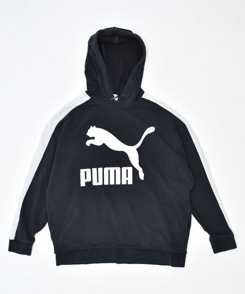 PUMA Womens Graphic Hoodie Jumper UK 12 Medium Black Cotton | Vintage | Thrift | Second-Hand | Used Clothing | Messina Hembry 