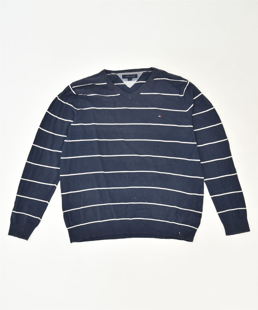 TOMMY HILFIGER Mens V-Neck Jumper Sweater 2XL Blue Striped Cotton | Vintage | Thrift | Second-Hand | Used Clothing | Messina Hembry 