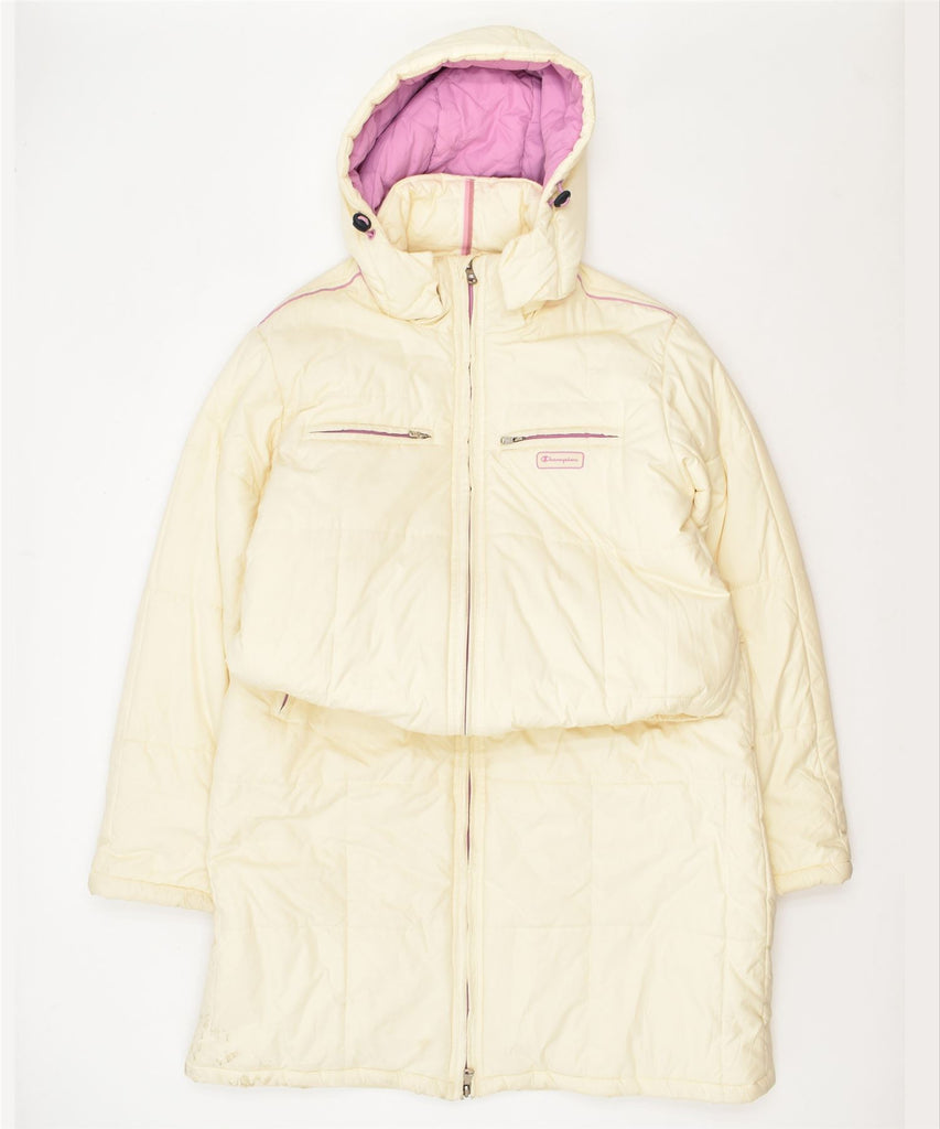 CHAMPION Girls Hooded Padded Coat 13-14 Years XL Off White Polyester | Vintage | Thrift | Second-Hand | Used Clothing | Messina Hembry 