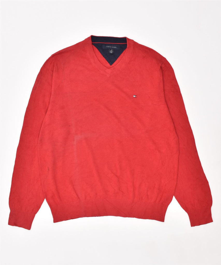 TOMMY HILFIGER Mens V-Neck Jumper Sweater Medium Red Cotton | Vintage | Thrift | Second-Hand | Used Clothing | Messina Hembry 