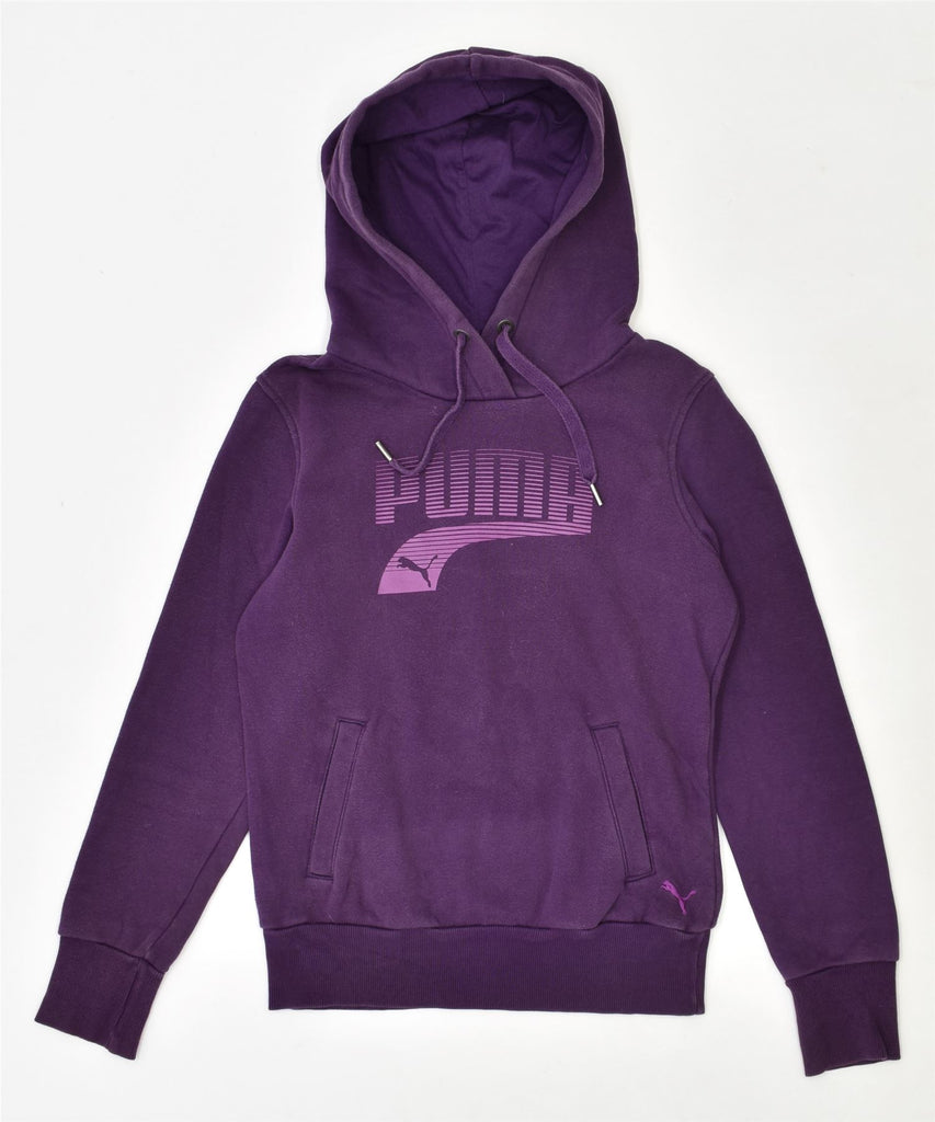 PUMA Womens Graphic Hoodie Jumper UK 6 XS Purple Cotton | Vintage | Thrift | Second-Hand | Used Clothing | Messina Hembry 