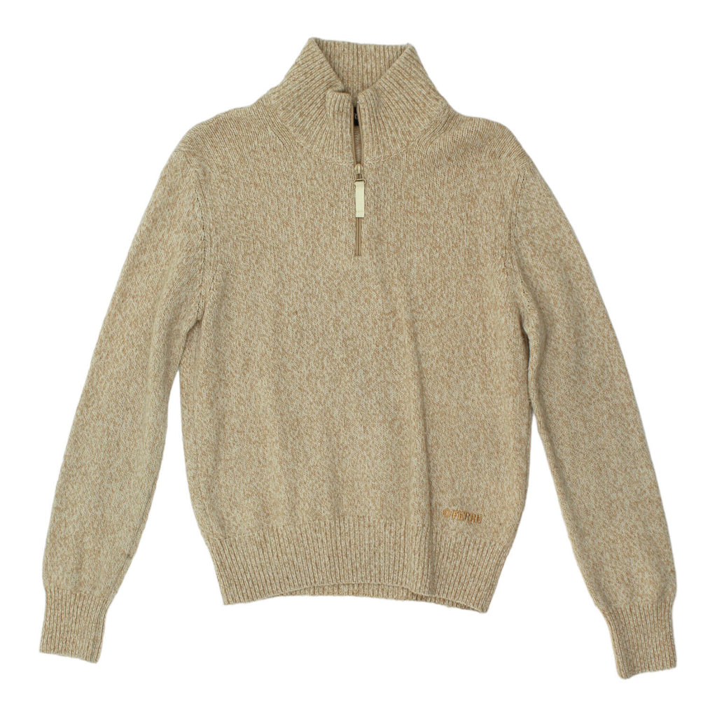 Gianfranco Ferre Mens Beige Half Zip Wool Knit Jumper | Vintage Designer Sweater | Vintage Messina Hembry | Thrift | Second-Hand Messina Hembry | Used Clothing | Messina Hembry 