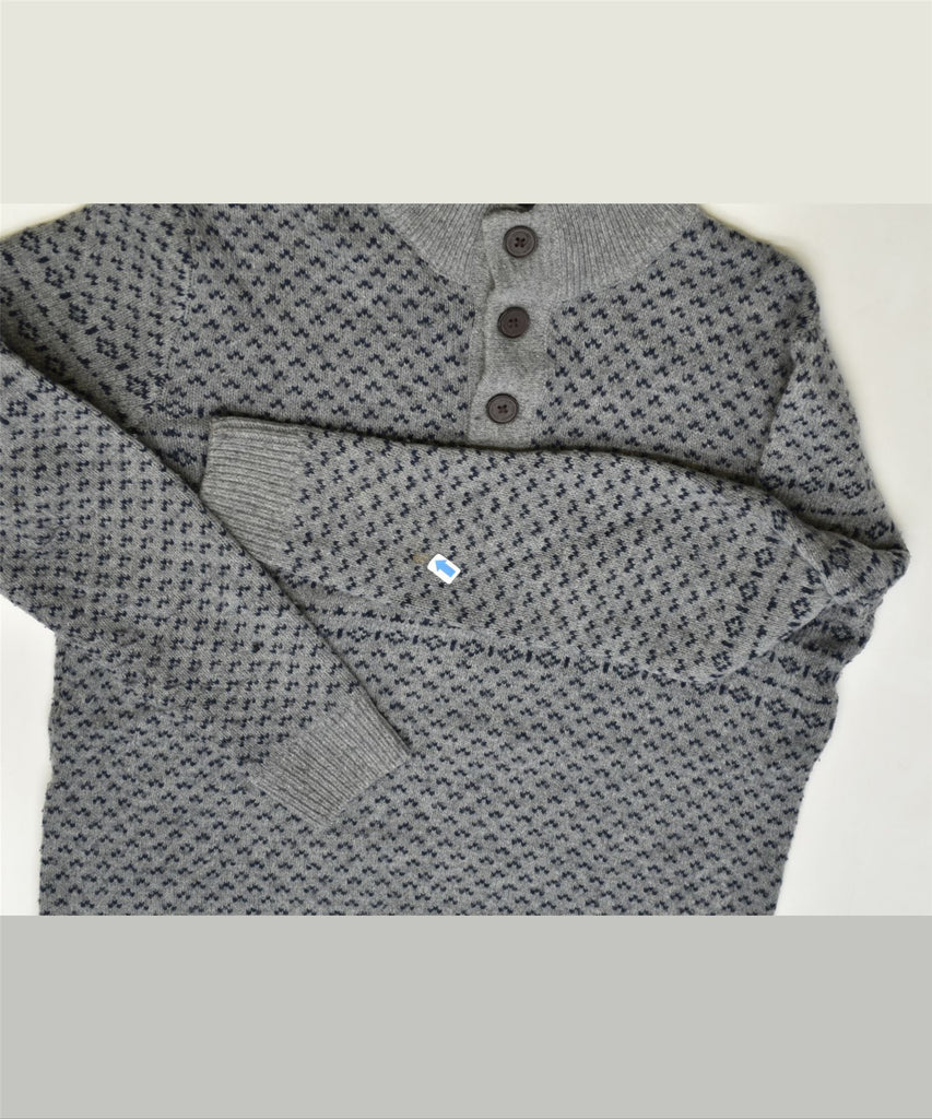 CREW CLOTHING Mens Button Neck Jumper Sweater Small Grey Fair Isle Acrylic | Vintage | Thrift | Second-Hand | Used Clothing | Messina Hembry 