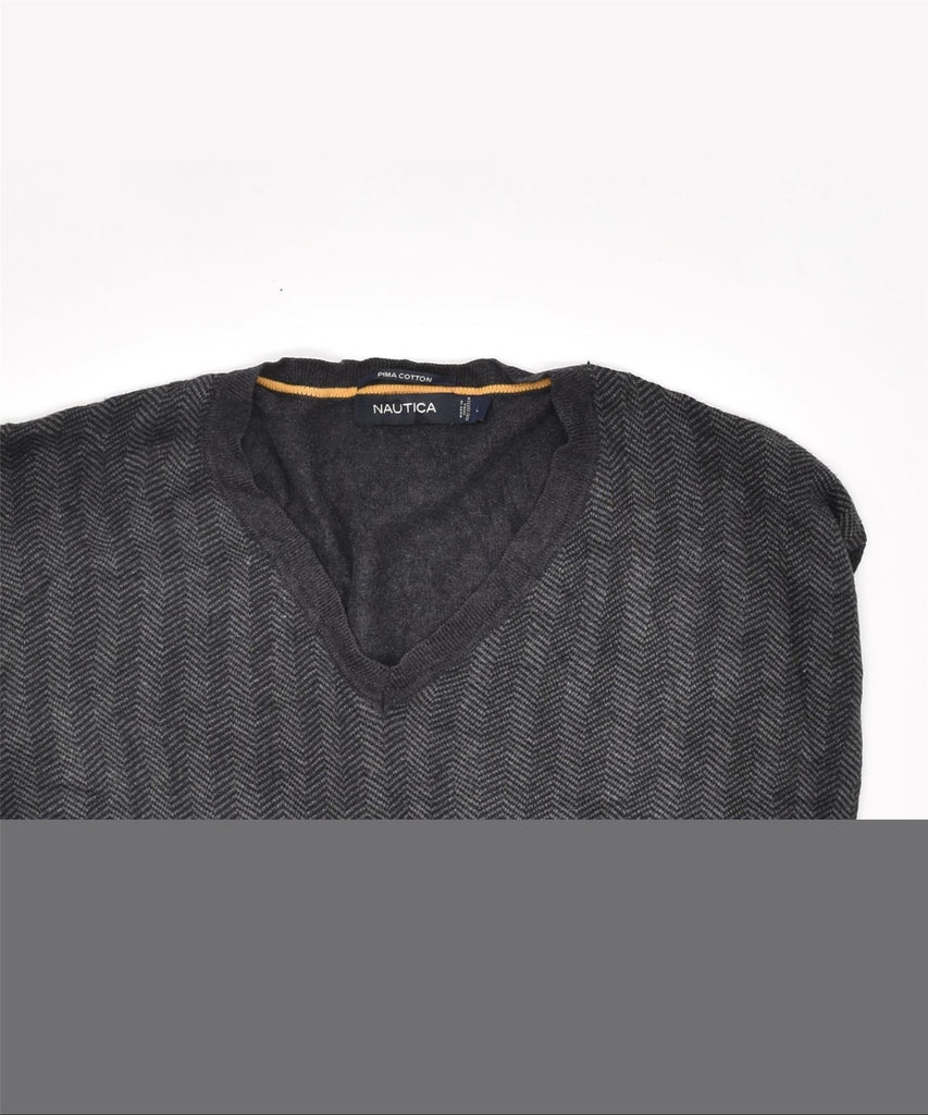 NAUTICA Mens V-Neck Jumper Sweater Large Grey Herringbone Cotton | Vintage | Thrift | Second-Hand | Used Clothing | Messina Hembry 