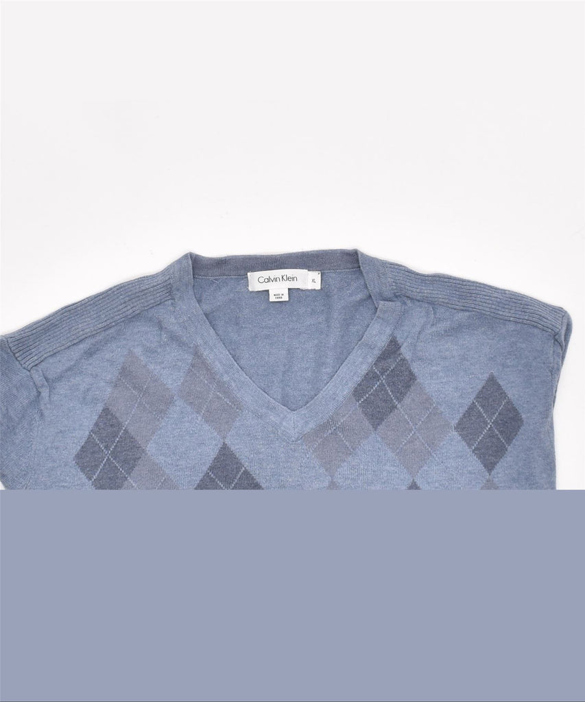 CALVIN KLEIN Mens V-Neck Jumper Sweater XL Blue Argyle/Diamond Cotton | Vintage | Thrift | Second-Hand | Used Clothing | Messina Hembry 