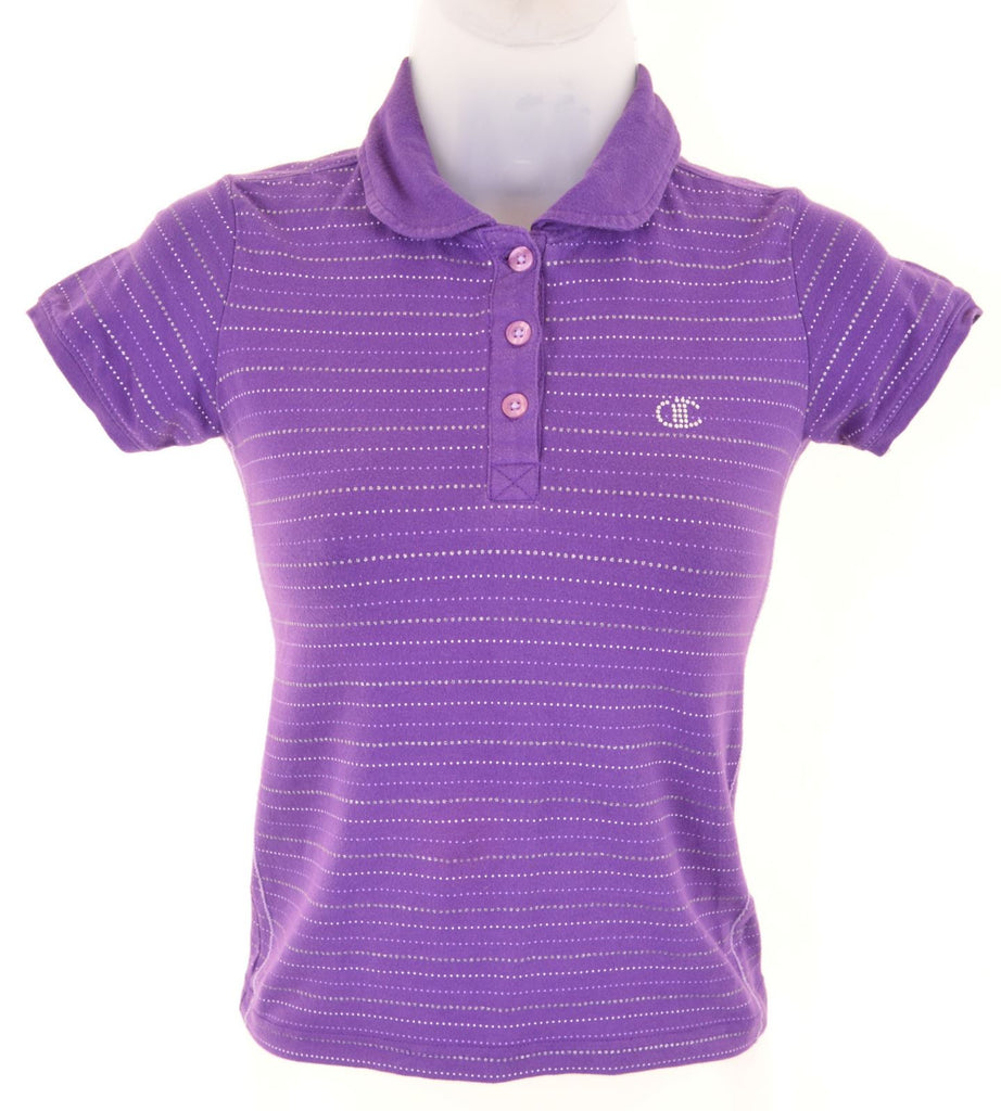 CHAMPION Girls Polo Shirt 4-5 Years Purple Striped Cotton - Second Hand & Vintage Designer Clothing - Messina Hembry