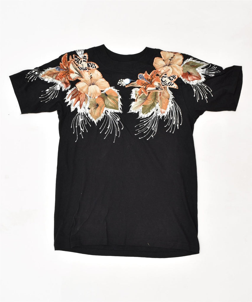 JEAN NELSON Womens Graphic T-Shirt Top UK 12 Medium Black Floral | Vintage | Thrift | Second-Hand | Used Clothing | Messina Hembry 