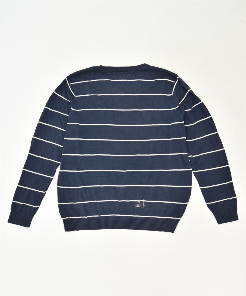 TOMMY HILFIGER Mens V-Neck Jumper Sweater 2XL Blue Striped Cotton | Vintage | Thrift | Second-Hand | Used Clothing | Messina Hembry 