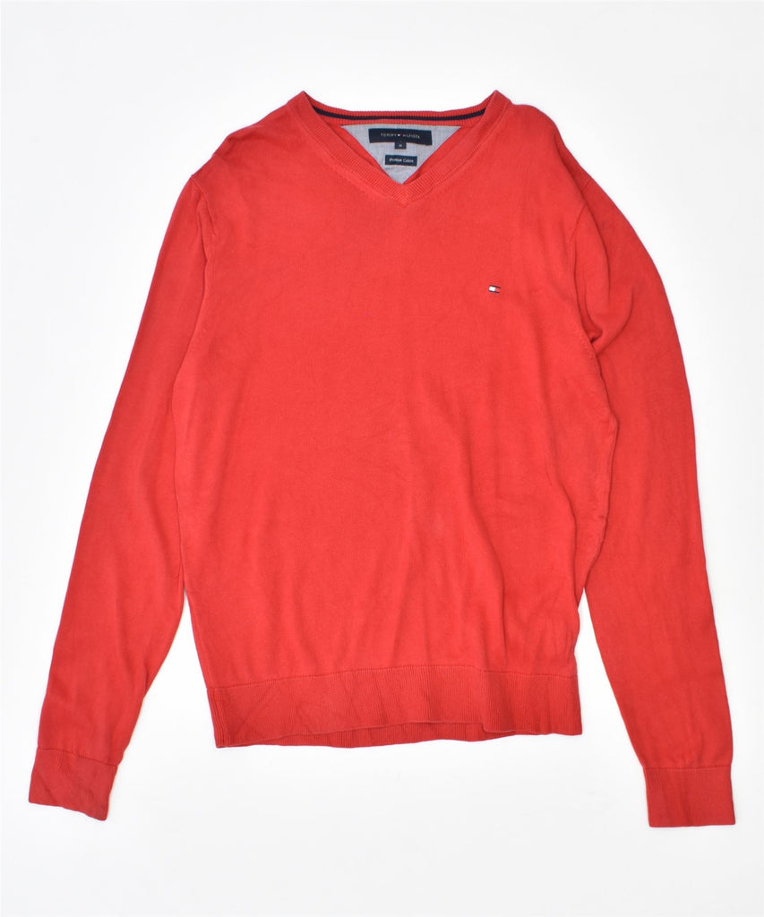 TOMMY HILFIGER Mens V-Neck Jumper Sweater Medium Red Cotton | Vintage | Thrift | Second-Hand | Used Clothing | Messina Hembry 