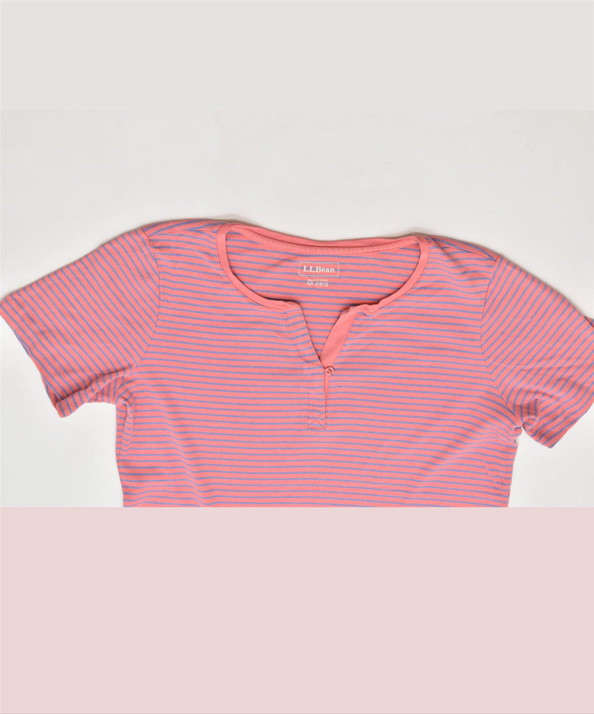 L.L.BEAN Womens Button Neck T-Shirt Top UK 14 Medium Pink Striped Cotton | Vintage | Thrift | Second-Hand | Used Clothing | Messina Hembry 