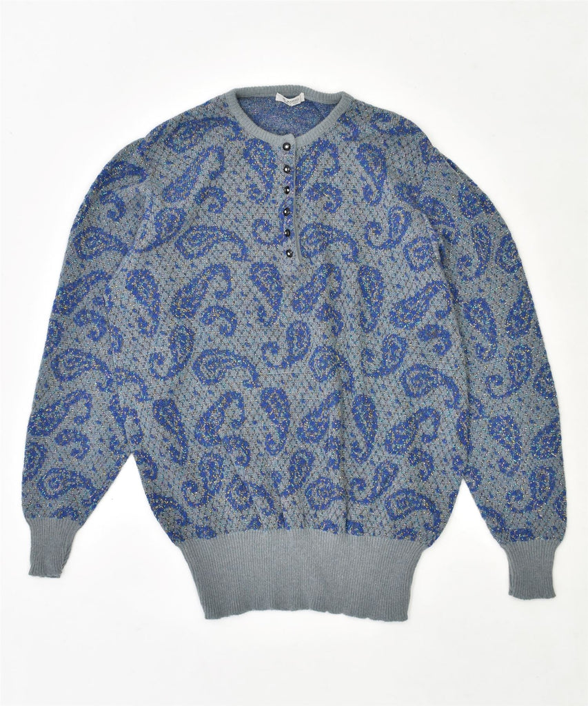 DI MATTEO Womens Button Neck Jumper Sweater UK 18 XL Blue Paisley Wool | Vintage | Thrift | Second-Hand | Used Clothing | Messina Hembry 