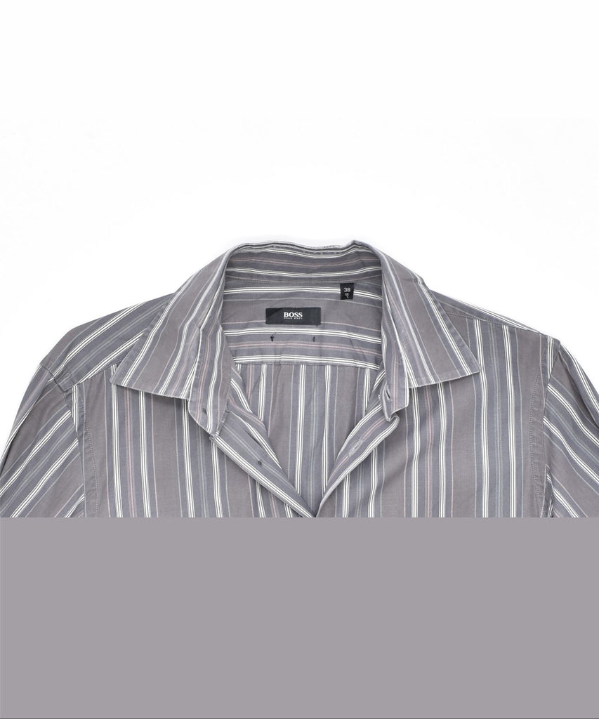 HUGO BOSS Mens Shirt Size 38 15 Small Grey Striped Cotton | Vintage | Thrift | Second-Hand | Used Clothing | Messina Hembry 