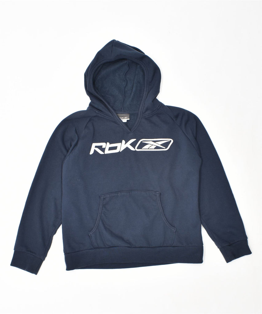 REEBOK Girls Graphic Hoodie Jumper 15-16 Years XL Navy Blue Polyester | Vintage | Thrift | Second-Hand | Used Clothing | Messina Hembry 