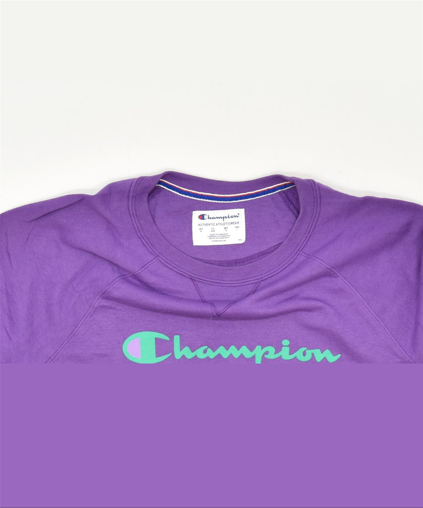 CHAMPION Womens Graphic Sweatshirt Jumper UK 14 Medium Purple Polyester | Vintage | Thrift | Second-Hand | Used Clothing | Messina Hembry 