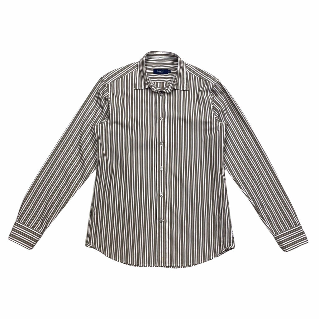 Zegna Sport Slim Fit Striped Shirt | Vintage Luxury Designer Medium White Brown | Vintage Messina Hembry | Thrift | Second-Hand Messina Hembry | Used Clothing | Messina Hembry 