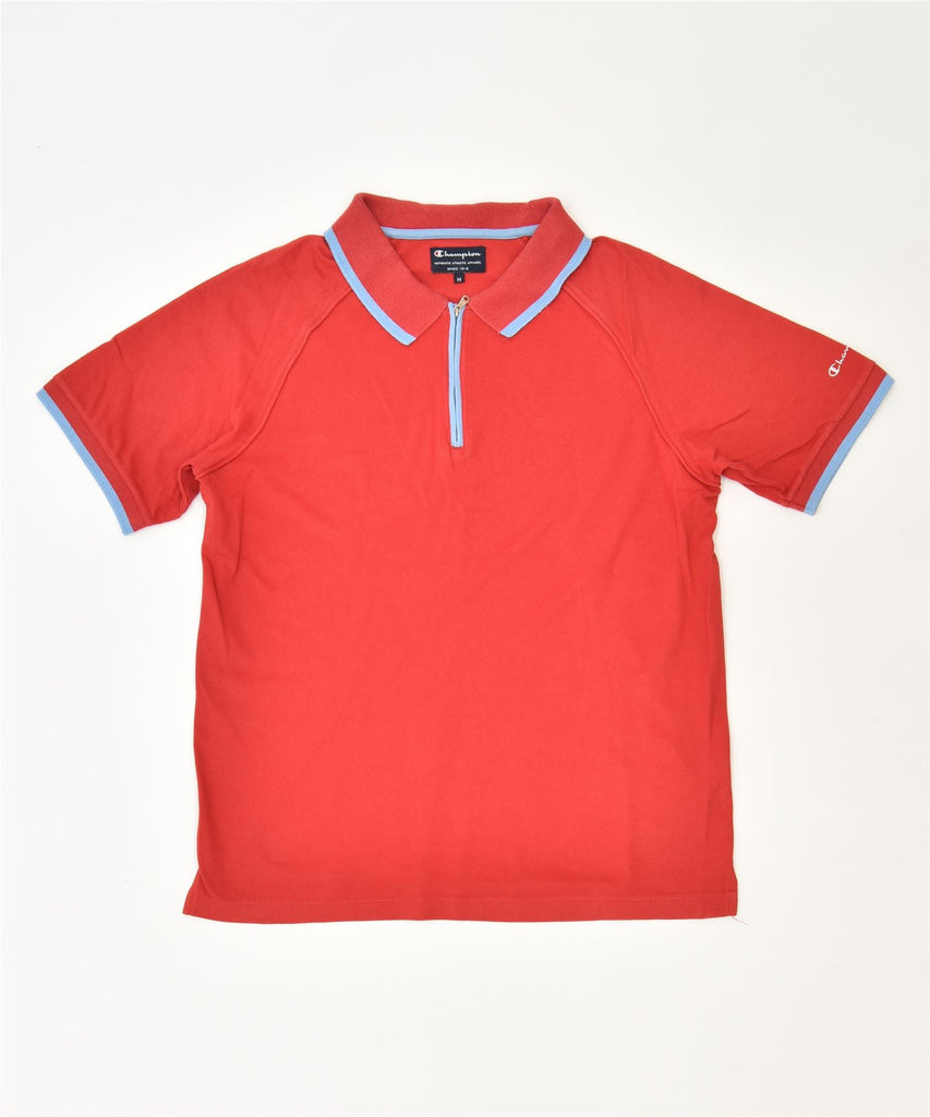 CHAMPION Mens Zip Neck Polo Shirt Medium Red Cotton Classic | Vintage | Thrift | Second-Hand | Used Clothing | Messina Hembry 