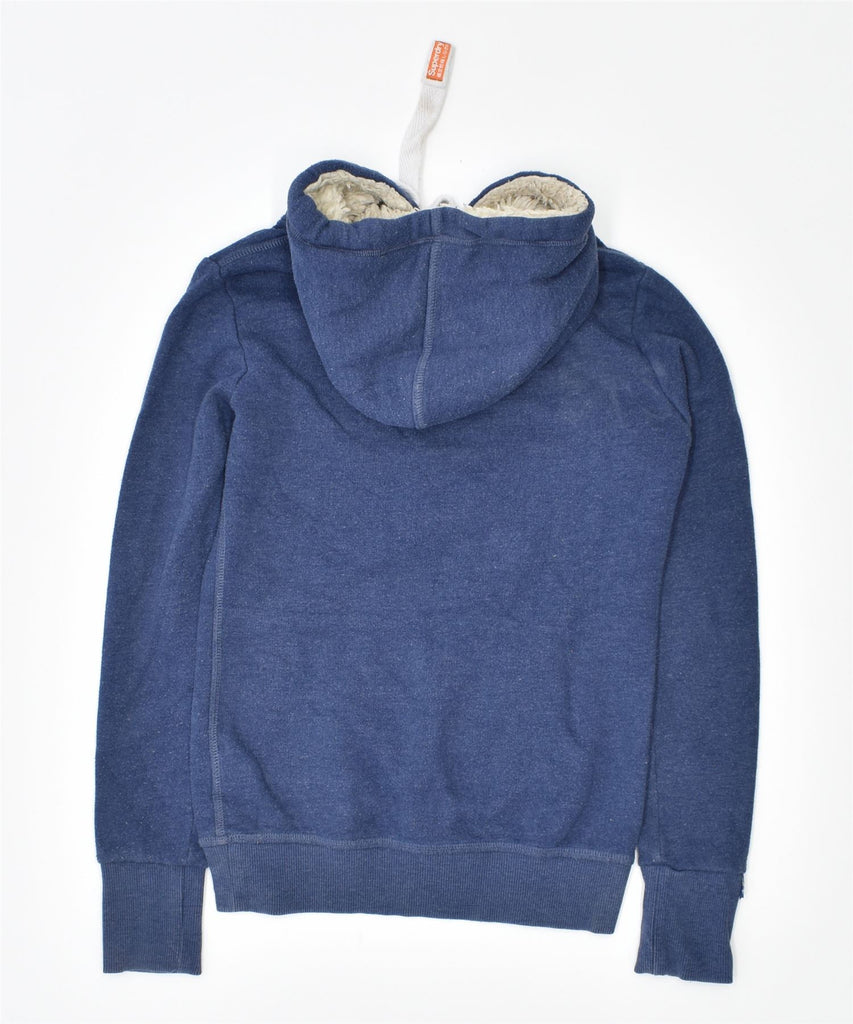 SUPERDRY Womens Graphic Hoodie Jumper UK 2 2XS Navy Blue Cotton | Vintage | Thrift | Second-Hand | Used Clothing | Messina Hembry 