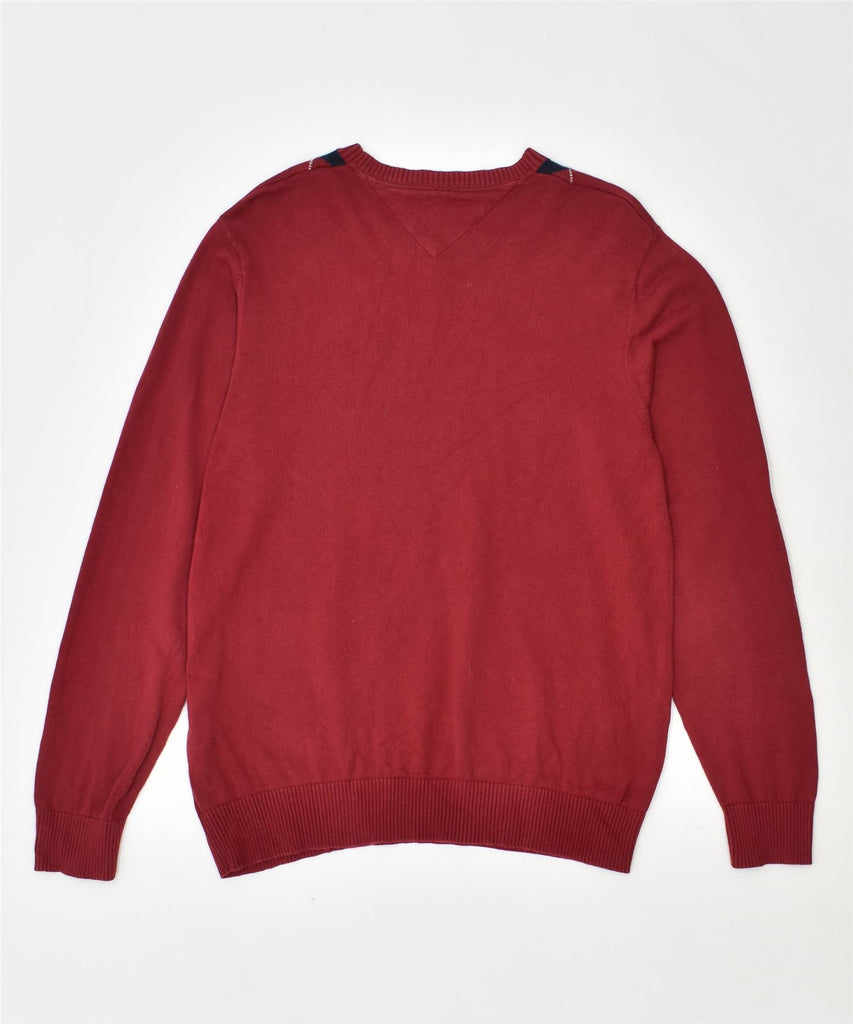 TOMMY HILFIGER Mens V-Neck Jumper Sweater Medium Burgundy Cotton | Vintage | Thrift | Second-Hand | Used Clothing | Messina Hembry 