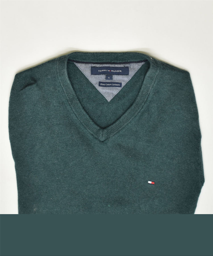 TOMMY HILFIGER Mens V-Neck Jumper Sweater Small Green Cotton | Vintage | Thrift | Second-Hand | Used Clothing | Messina Hembry 