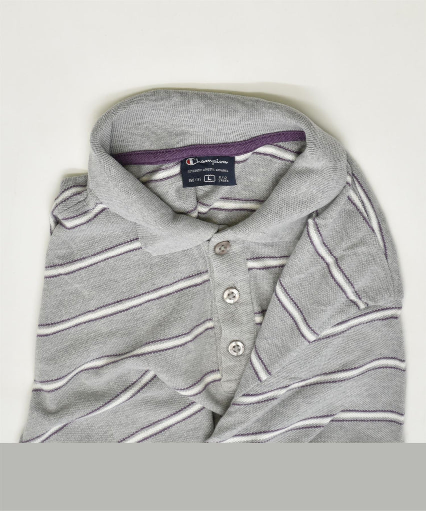 CHAMPION Boys Polo Shirt 11-12 Years Large Grey Striped Cotton | Vintage | Thrift | Second-Hand | Used Clothing | Messina Hembry 