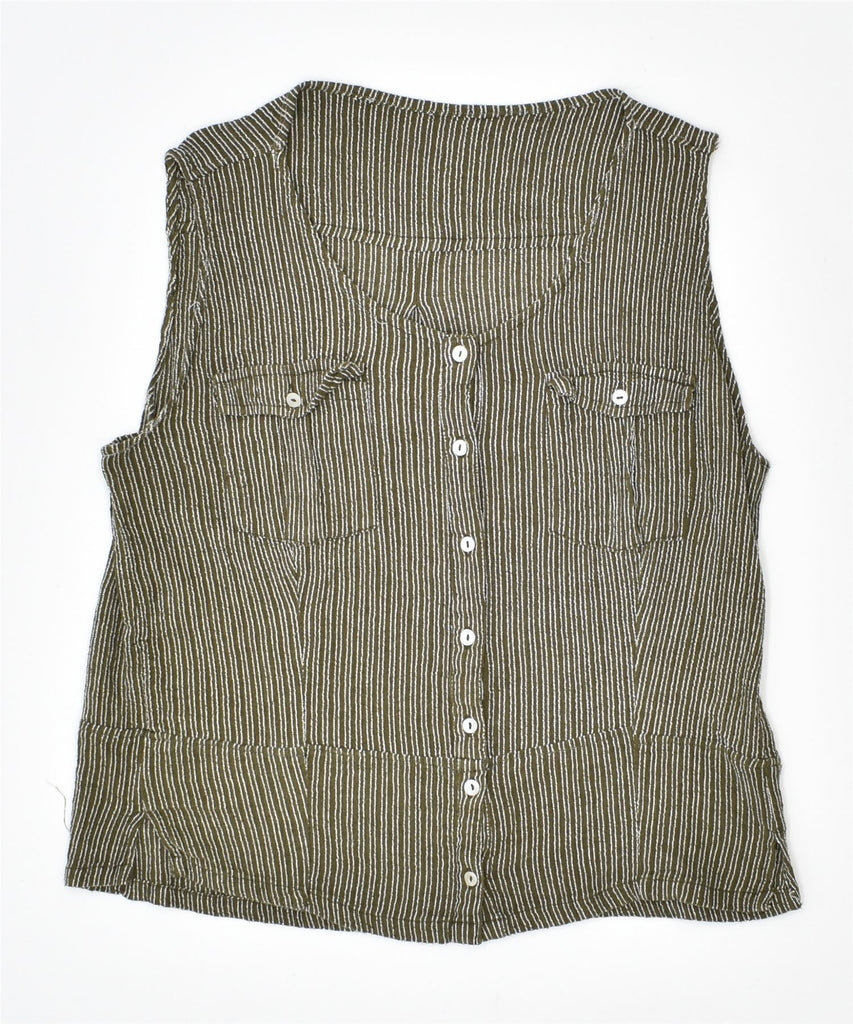 VINTAGE Womens Sleeveless Shirt UK 12 Medium Khaki Pinstripe | Vintage | Thrift | Second-Hand | Used Clothing | Messina Hembry 