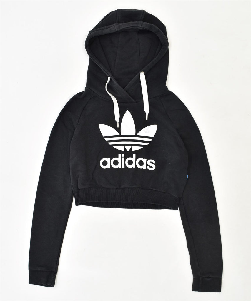 ADIDAS Womens Crop Oversized Hoodie Jumper UK 6 XS Black Cotton | Vintage | Thrift | Second-Hand | Used Clothing | Messina Hembry 