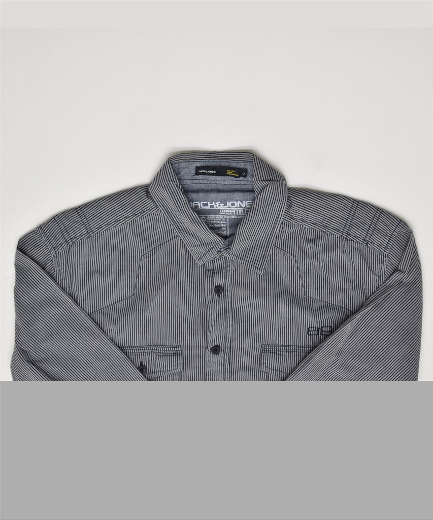 JACK & JONES Mens Slim Fit Shirt Large Grey Striped Cotton | Vintage | Thrift | Second-Hand | Used Clothing | Messina Hembry 