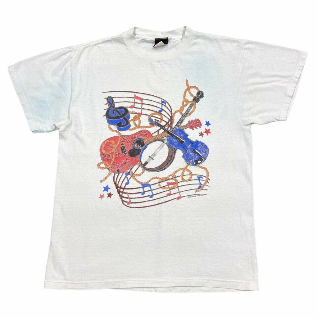 Diamond Dust Musical Instruments Print Tshirt | Vintage 90s White Medium VTG | Vintage Messina Hembry | Thrift | Second-Hand Messina Hembry | Used Clothing | Messina Hembry 