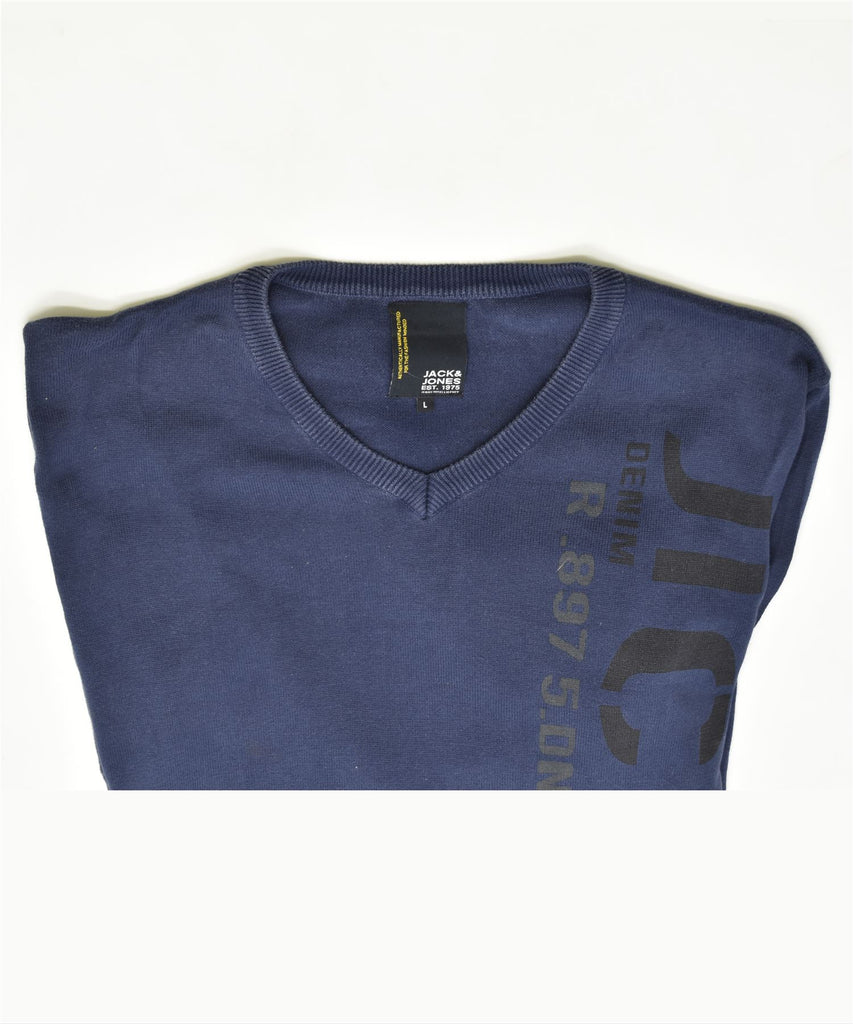 JACK & JONES Mens Graphic V-Neck Jumper Sweater Large Navy Blue | Vintage | Thrift | Second-Hand | Used Clothing | Messina Hembry 