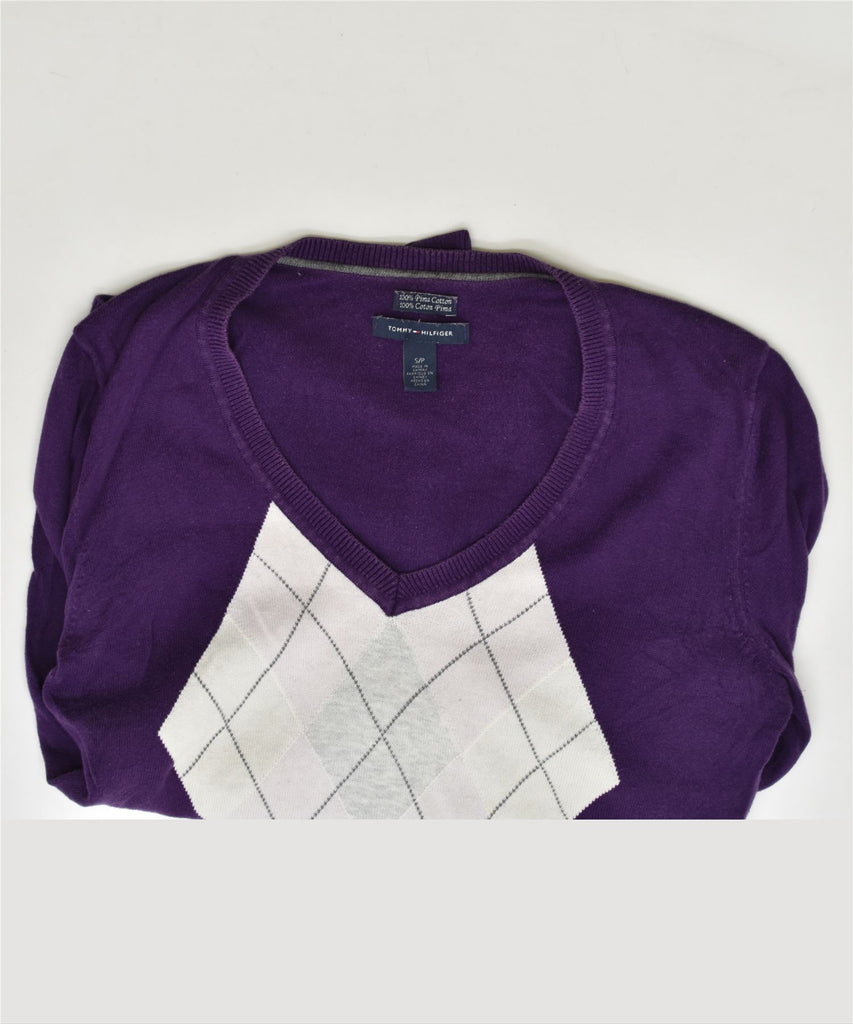 TOMMY HILFIGER Womens V-Neck Jumper Sweater UK 10 Small Purple Cotton | Vintage | Thrift | Second-Hand | Used Clothing | Messina Hembry 